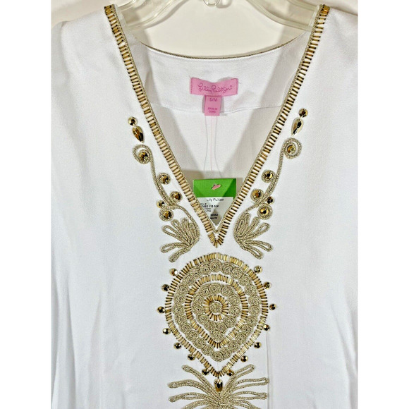 NWT Lilly Pulitzer Chai Resort White Caftan Kaftan Gold Accents Sz S/M - Picture 3 of 9